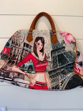 Graphic Paris Scene Tote Bag with Pink Accents